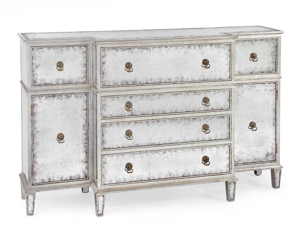 Silver and Eglomise buffet with secretaire drawer. Secretaire drop down conceals drawers and mail cu