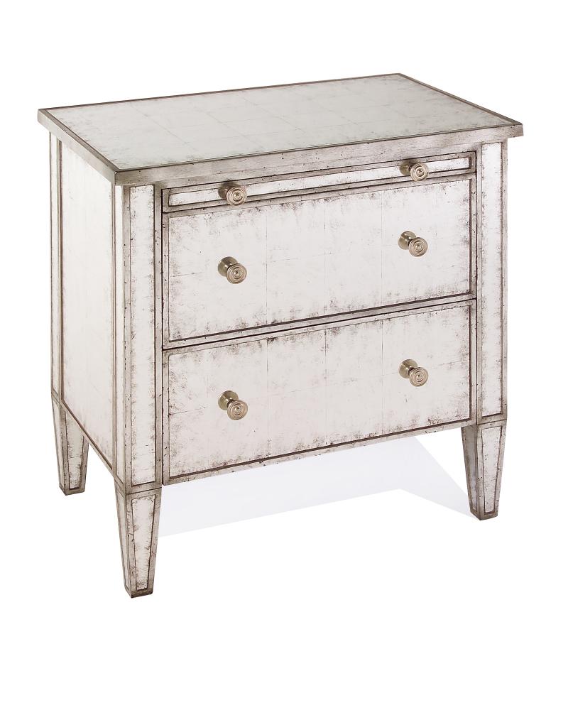Eglomise Nocturne Two Drawer Chest. Bedside chest finished in distressed silver gilt with hand antiq