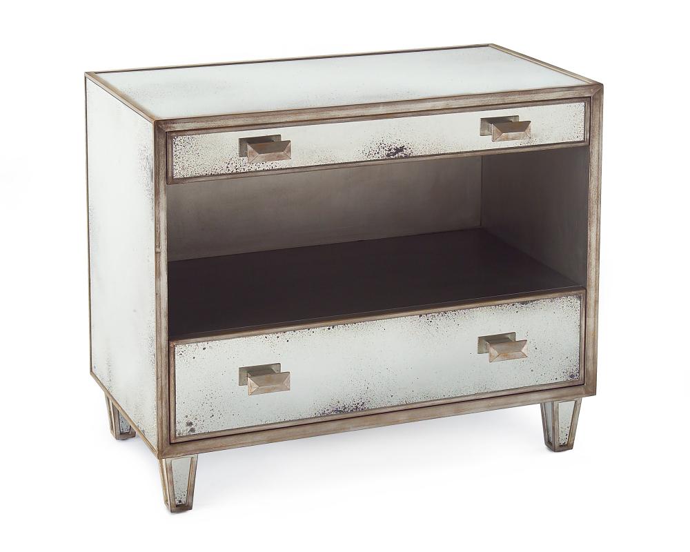 Samui Night Stand. The drawer fronts above the open shelf area have foxed mirrored fronts, as do the
