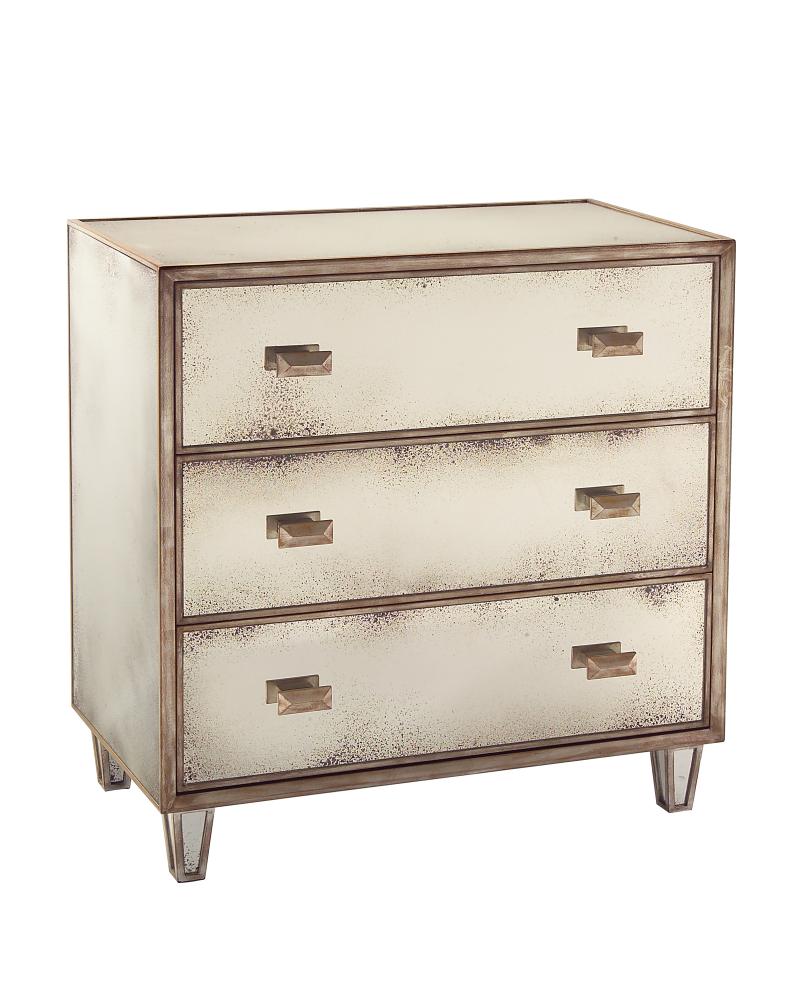 Samui Night Stand 3 Drawer Chest.  The drawer fronts above the open shelf area have foxed mirrored f
