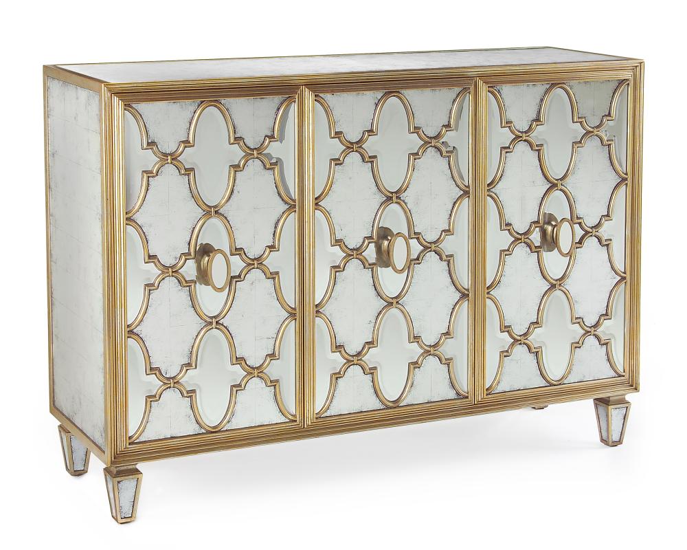 Michelle cabinet uses eglomise and modern beveled mirrors within a pattern of interlaced mouldings. 
