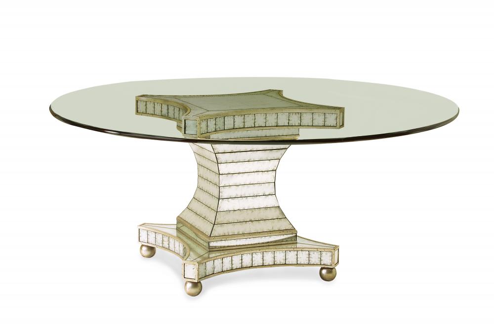 Glass top dining table.  The base is totally decorated with strips of hand-antiqued mirror and the w