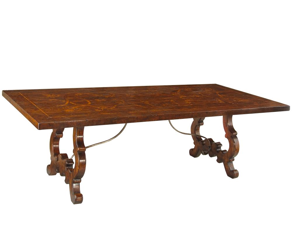 A stunning Italian refectory dining table with a hand-planed top in antique oak finish. Hand-forged 