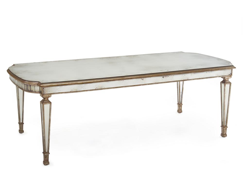 Bourbon Dining Table. This "D" end table has a foxed mirror top and apron rail, all supporte