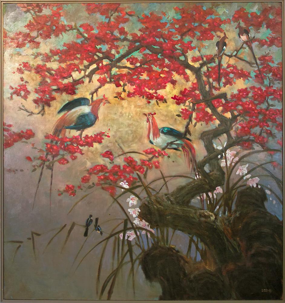 Fowl In Tree. An oriental themed landscape with vibrant cherry blossoms and nesting fowl.  This beau