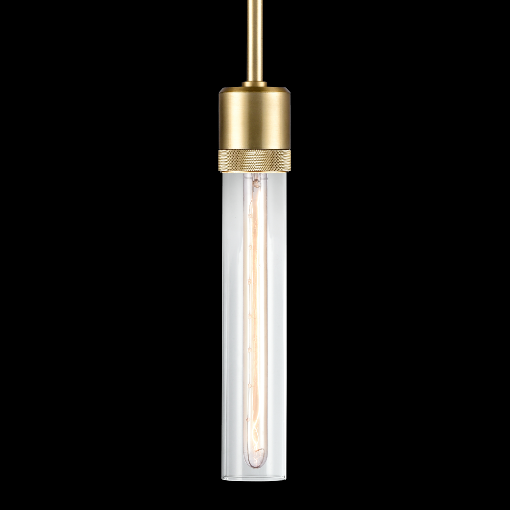 3" E26 Cylindrical Pendant Light, 12" Clear Glass and Aged Brass Finish