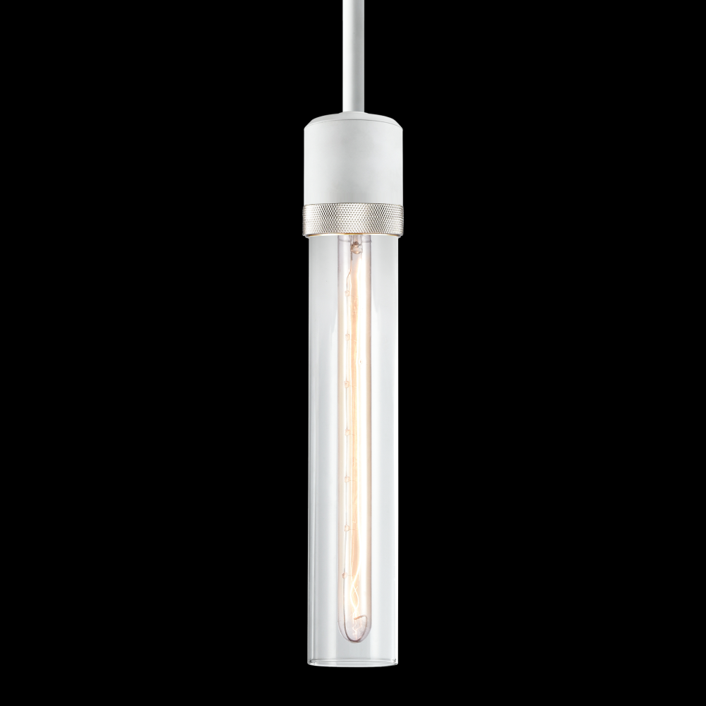 3" E26 Cylindrical Pendant Light, 12" Clear Glass and Matte White with Nickel Finish