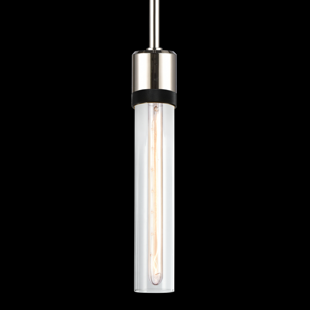3" E26 Cylindrical Pendant Light, 12" Clear Glass and Polished Nickel with Black Finish