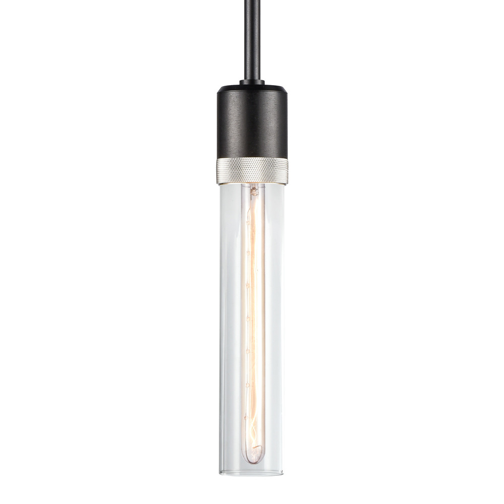Zigrina 12" Clear Glass E26 Pendant in Black with Knurled Ring in Nickel