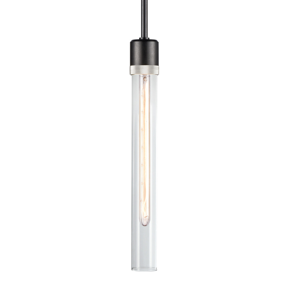 Zigrina 18" Clear Glass E26 Pendant in Black with Knurled Ring in Nickel