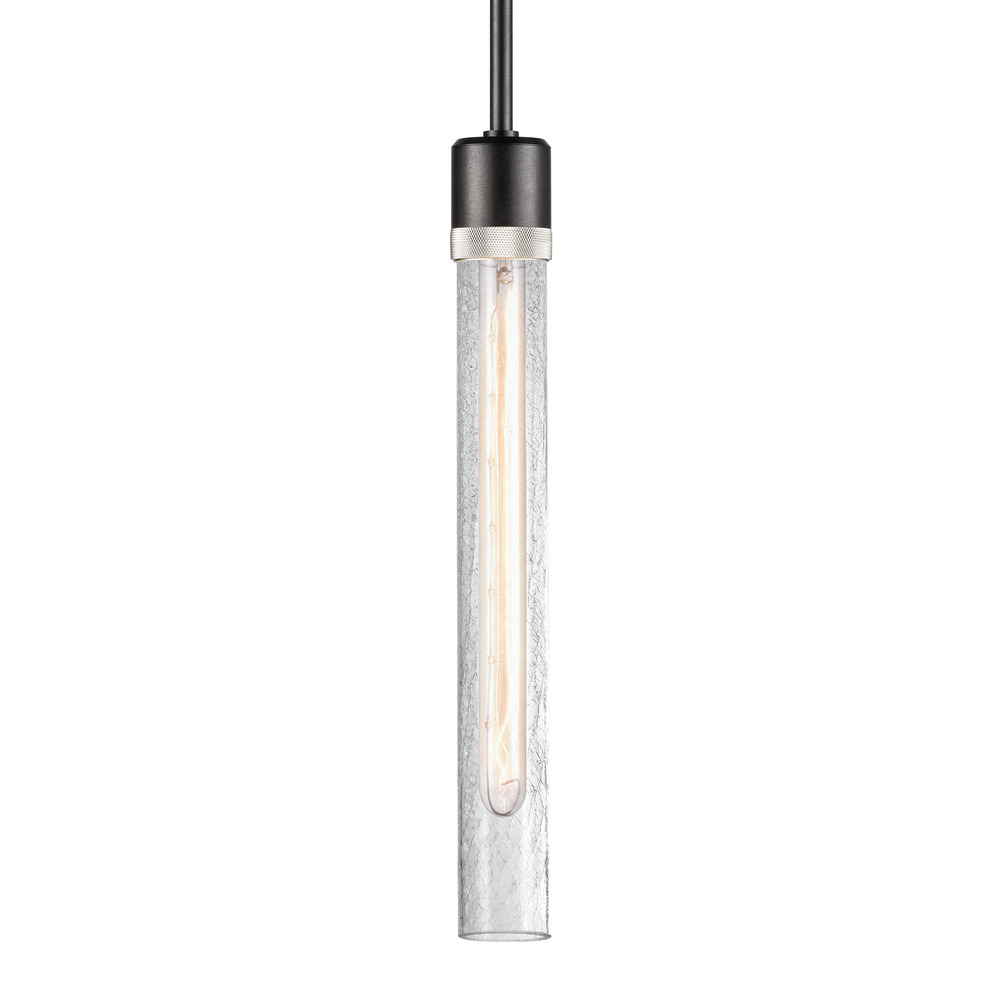Zigrina 18" Crackled Glass E26 Pendant in Black with Knurled Ring in Nickel
